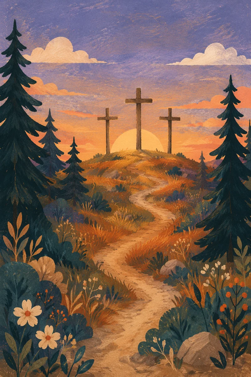 Three Wooden Crosses at Evergreen Sunset
