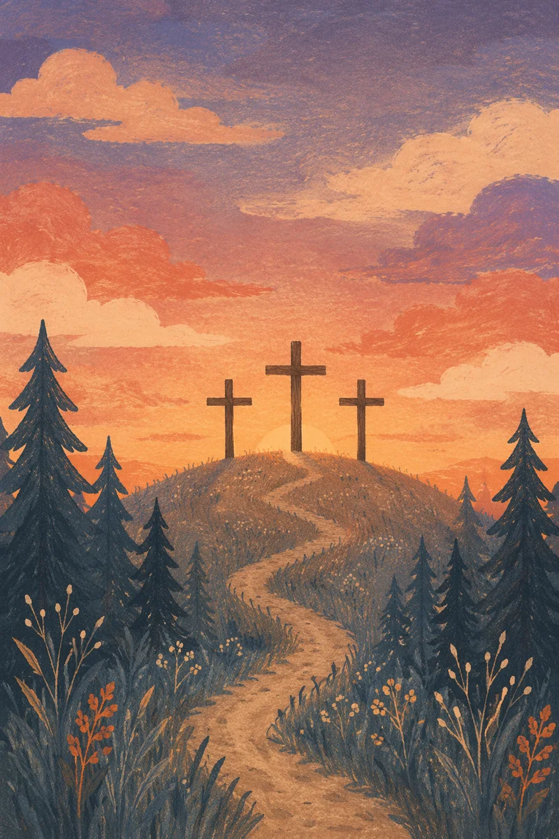 Three Crosses on Evergreen Hill at Sunset