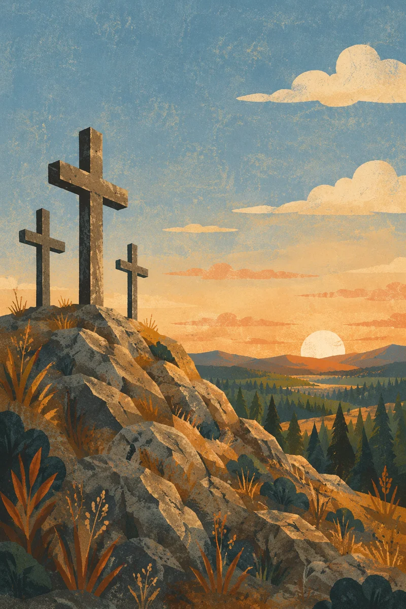 Three Crosses on Evergreen Hill at Sunset