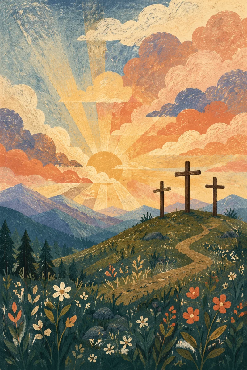 Three Crosses at Evergreen Sunset