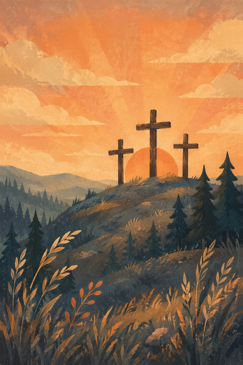 Three Crosses at Sunset Among Pines