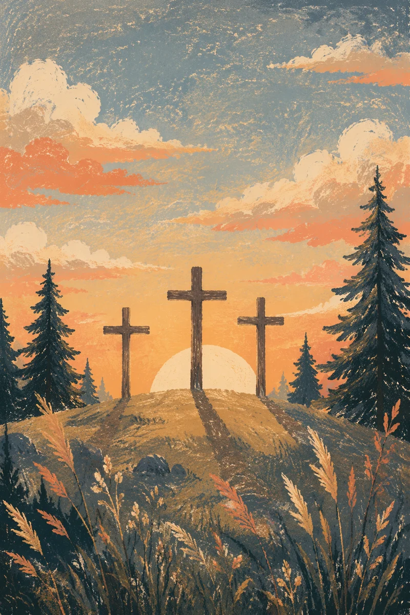 Three Crosses at Evergreen Sunset