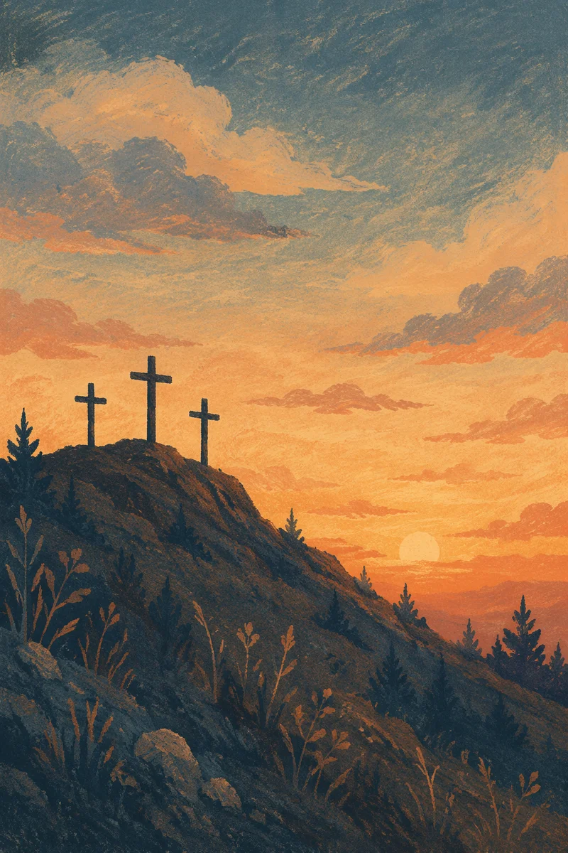 Three Crosses on Hill at Sunset