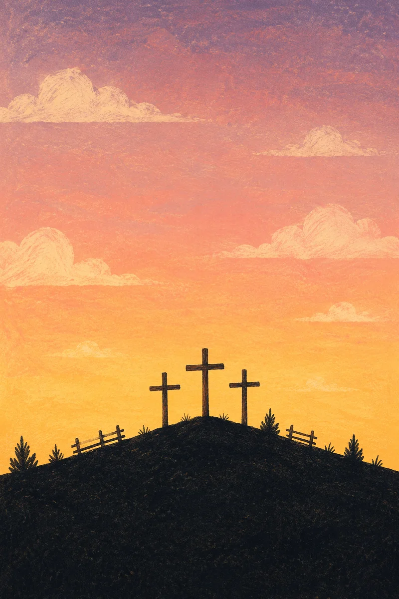 Three Crosses on Hill at Sunset