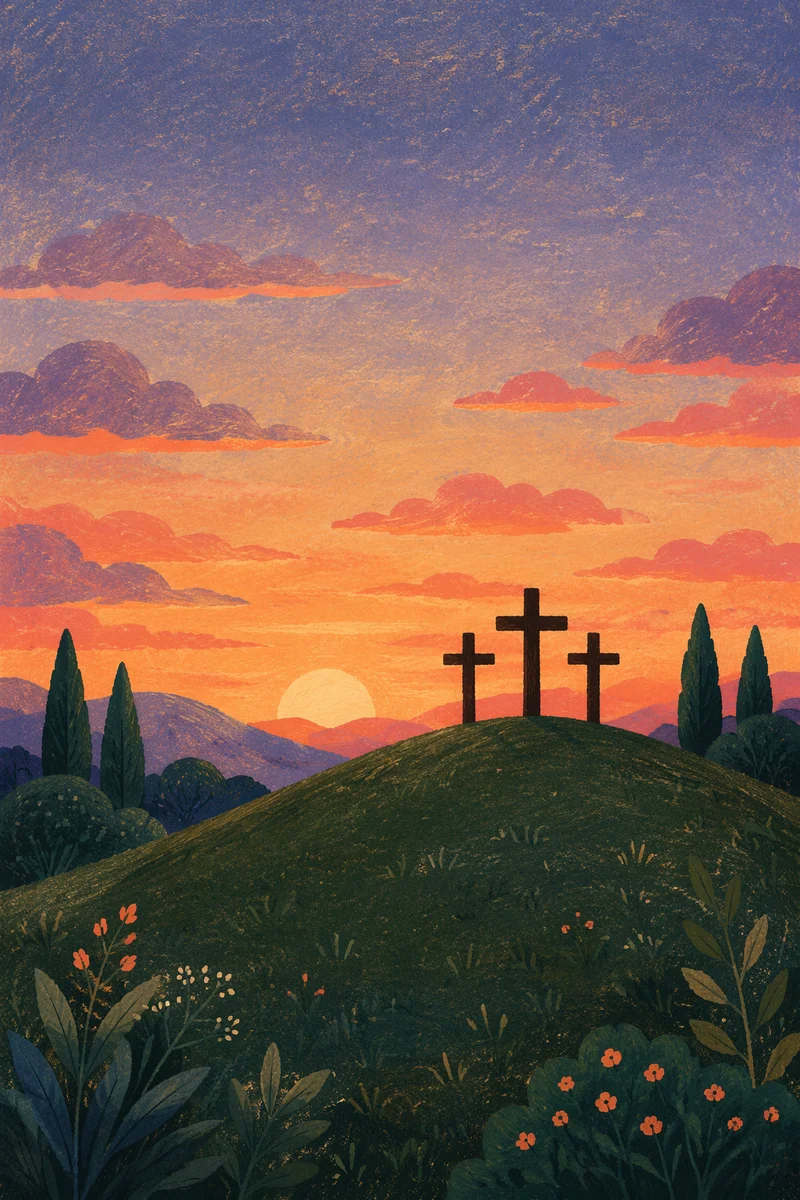 Three Crosses on Green Hill at Sunset