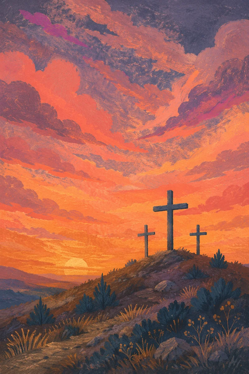 Three Crosses on Sunset Evergreen Hill