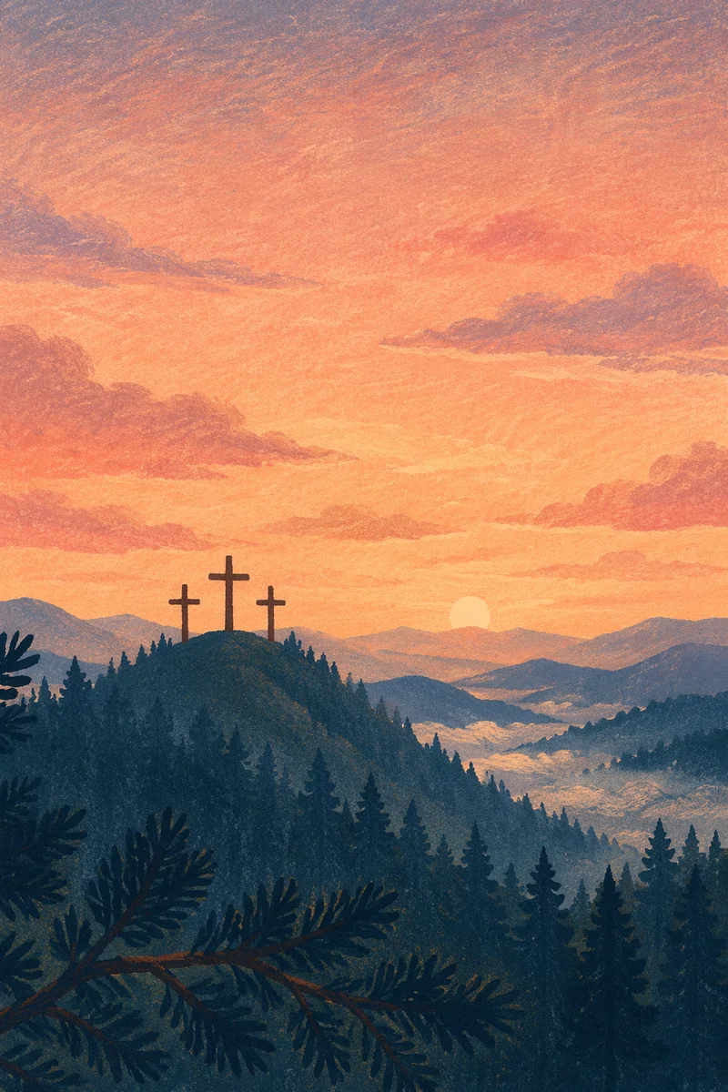 Three Crosses on Evergreen Hill at Sunset