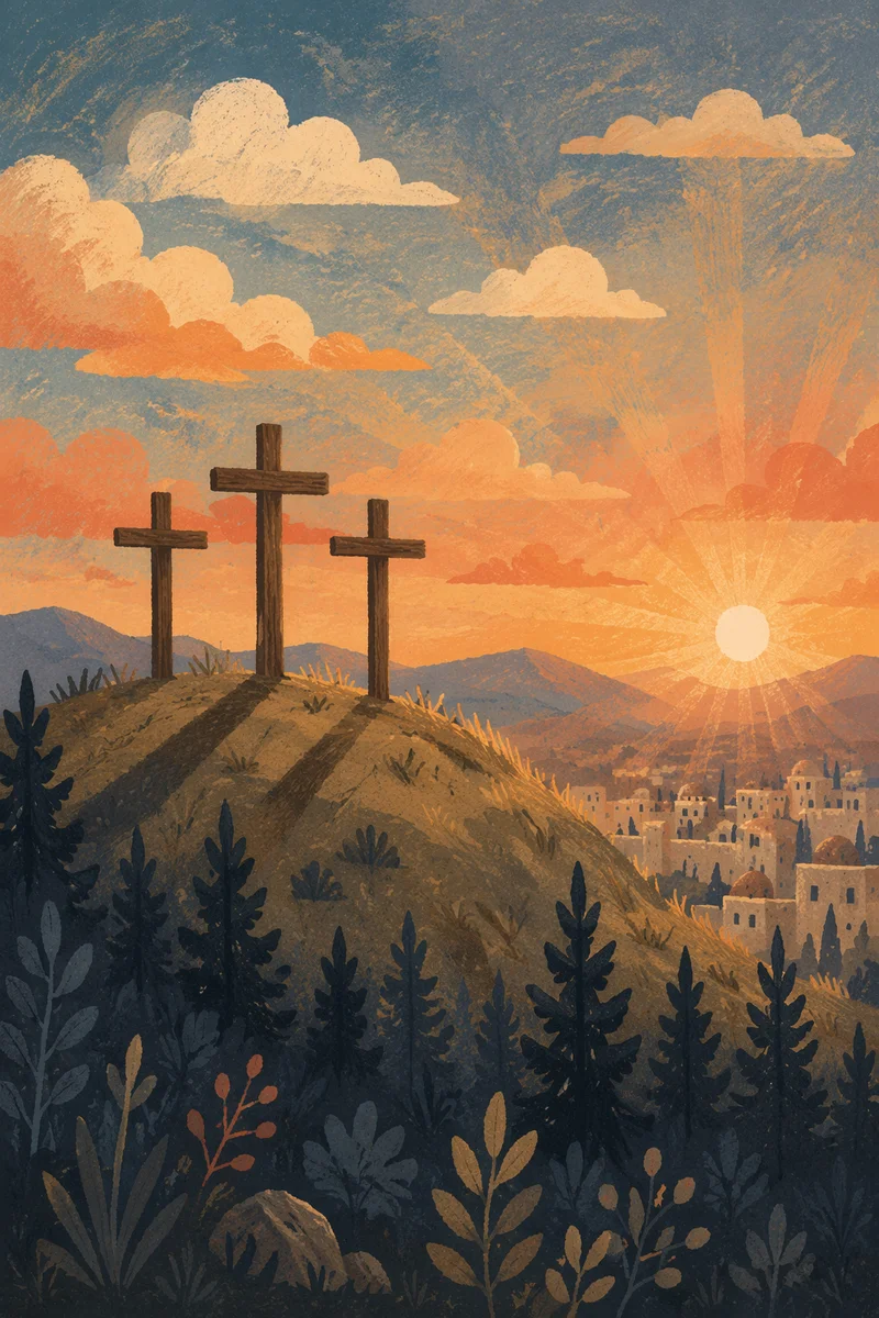 Three Crosses on Evergreen Hill at Sunset