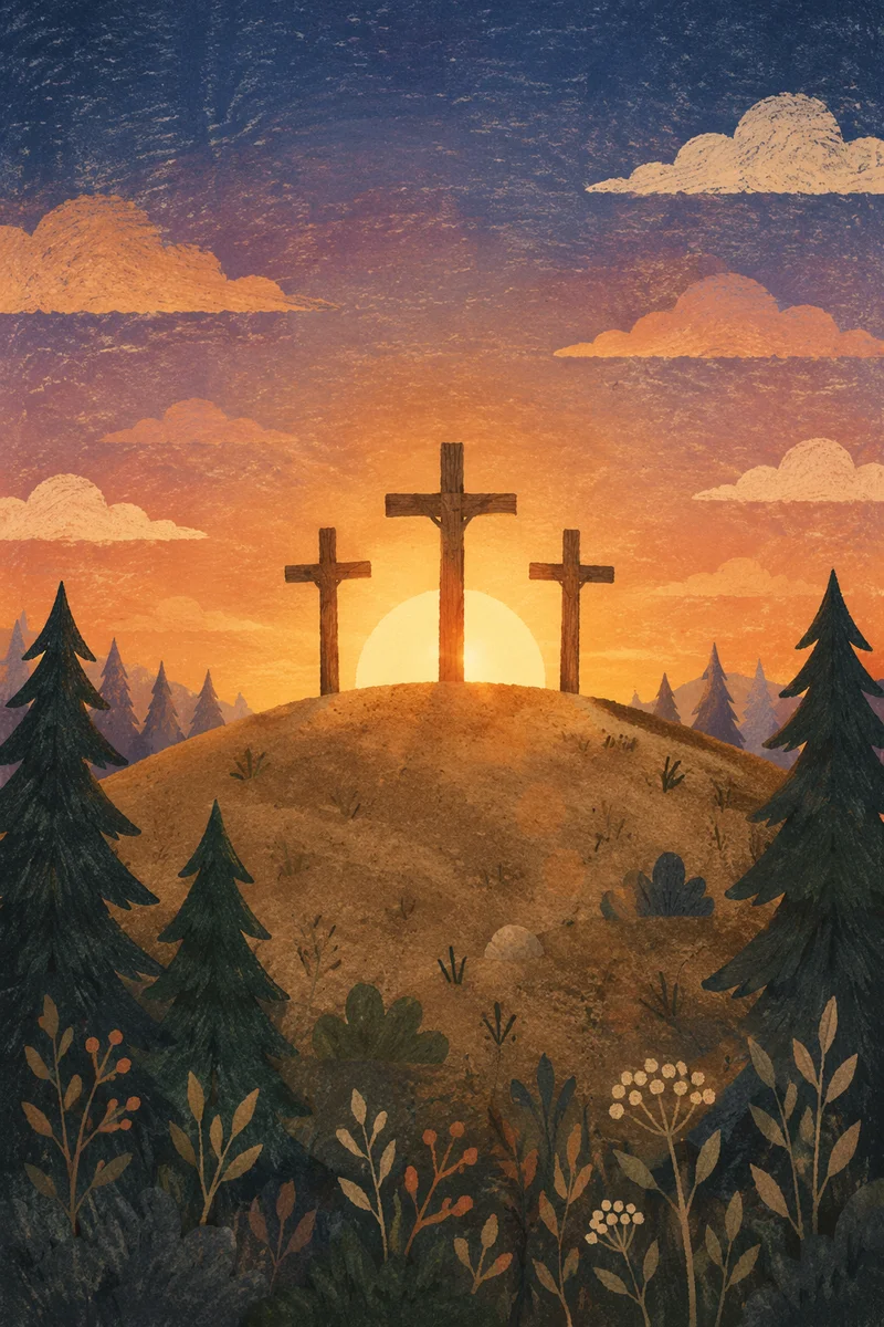 Three Crosses at Evergreen Sunset