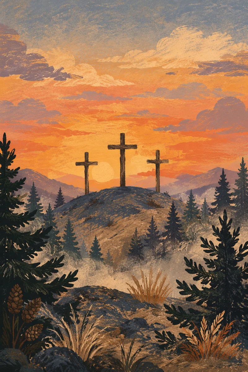 Three Crosses on Evergreen Hill at Sunset