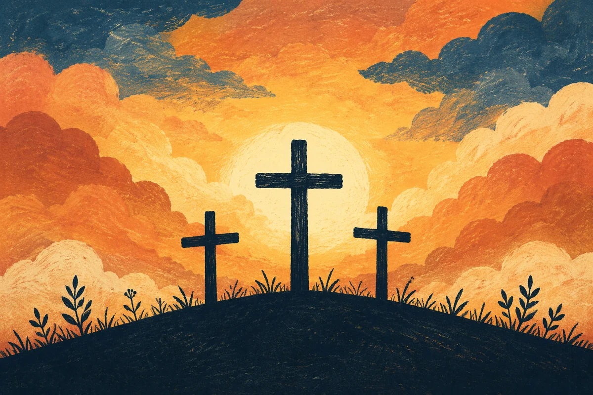 Three Crosses Silhouetted at Golden Sunset