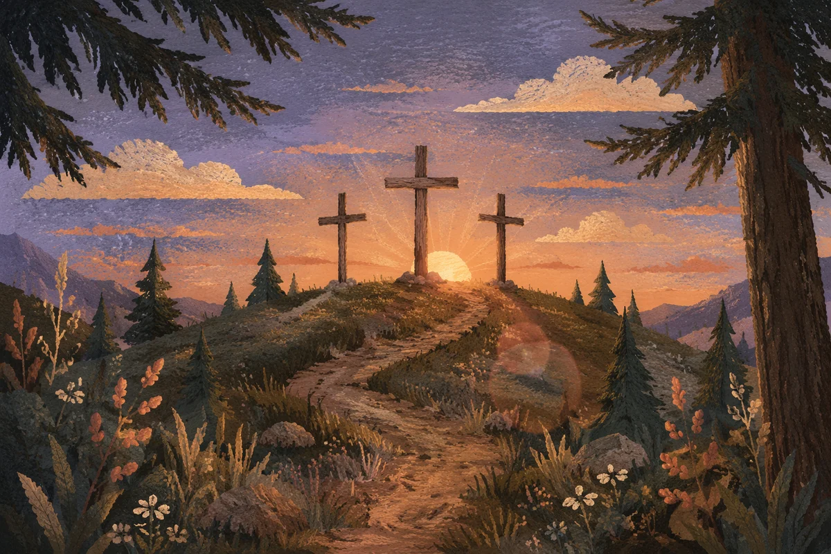 Three Crosses on Evergreen Hill at Sunset