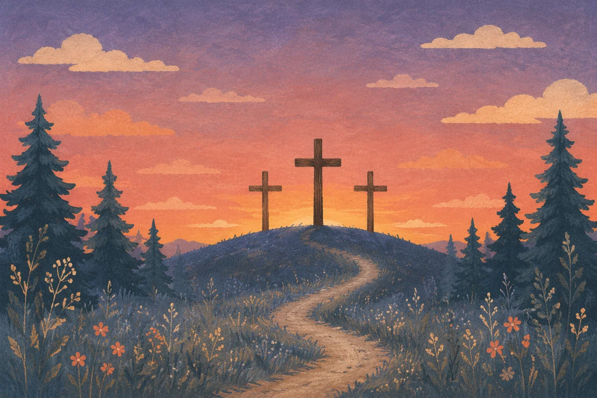 Three Crosses on Evergreen Hill at Sunset