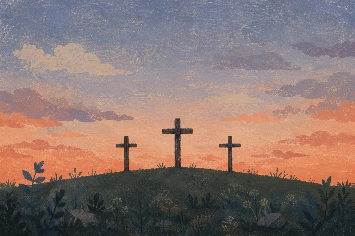 Three Crosses on Grassy Hill at Sunset