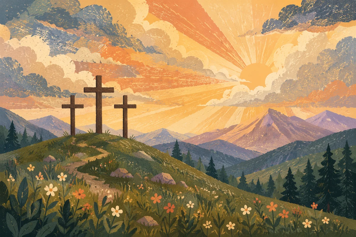 Three Crosses on Evergreen Hill at Sunset