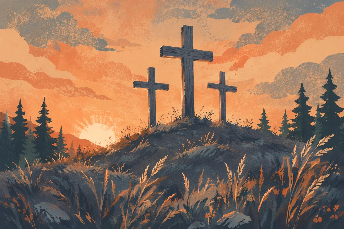 Three Crosses at Sunset Among Evergreens