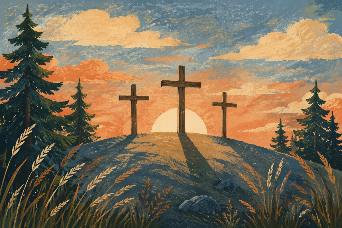 Three Crosses on Evergreen Hill at Sunset