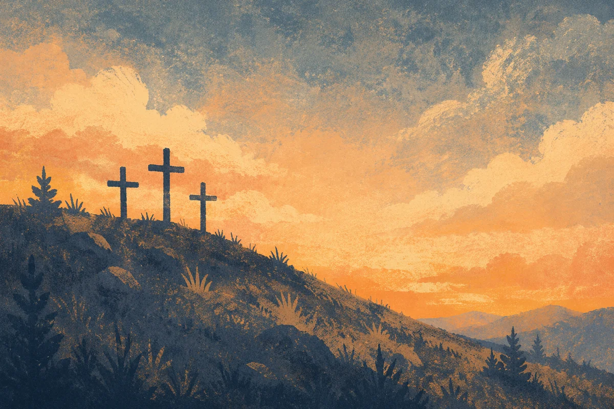 Three Crosses on Hill at Sunset