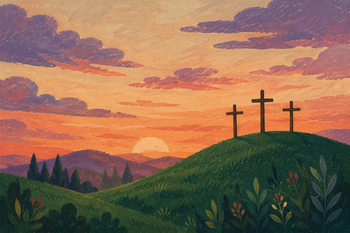 Three Crosses on Evergreen Hill at Sunset