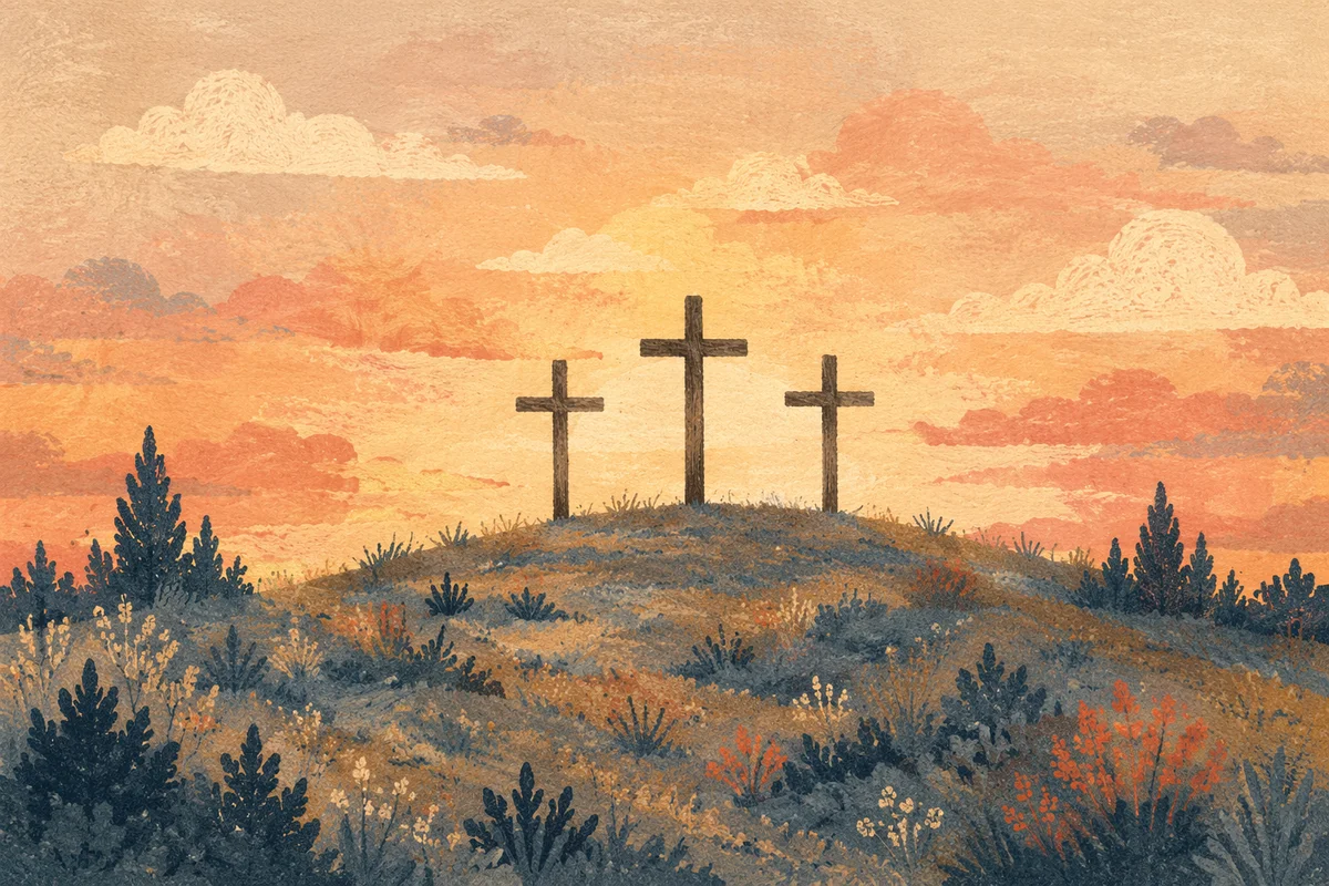 Three Crosses on Evergreen Hill at Sunset
