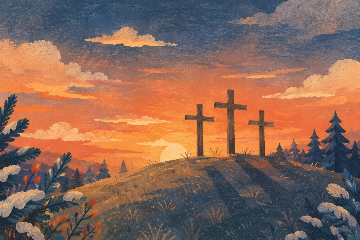 Three Wooden Crosses at Evergreen Sunset