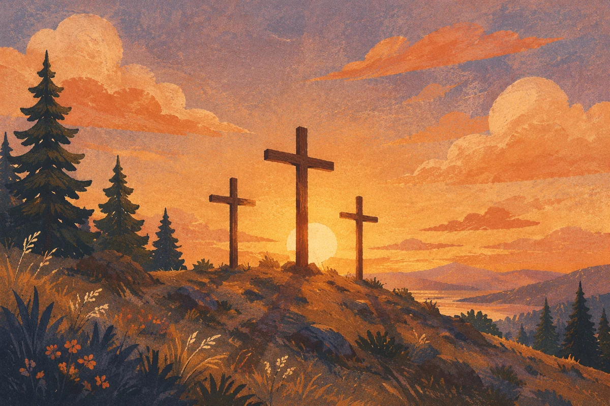 Three Crosses on Evergreen Hill at Sunset