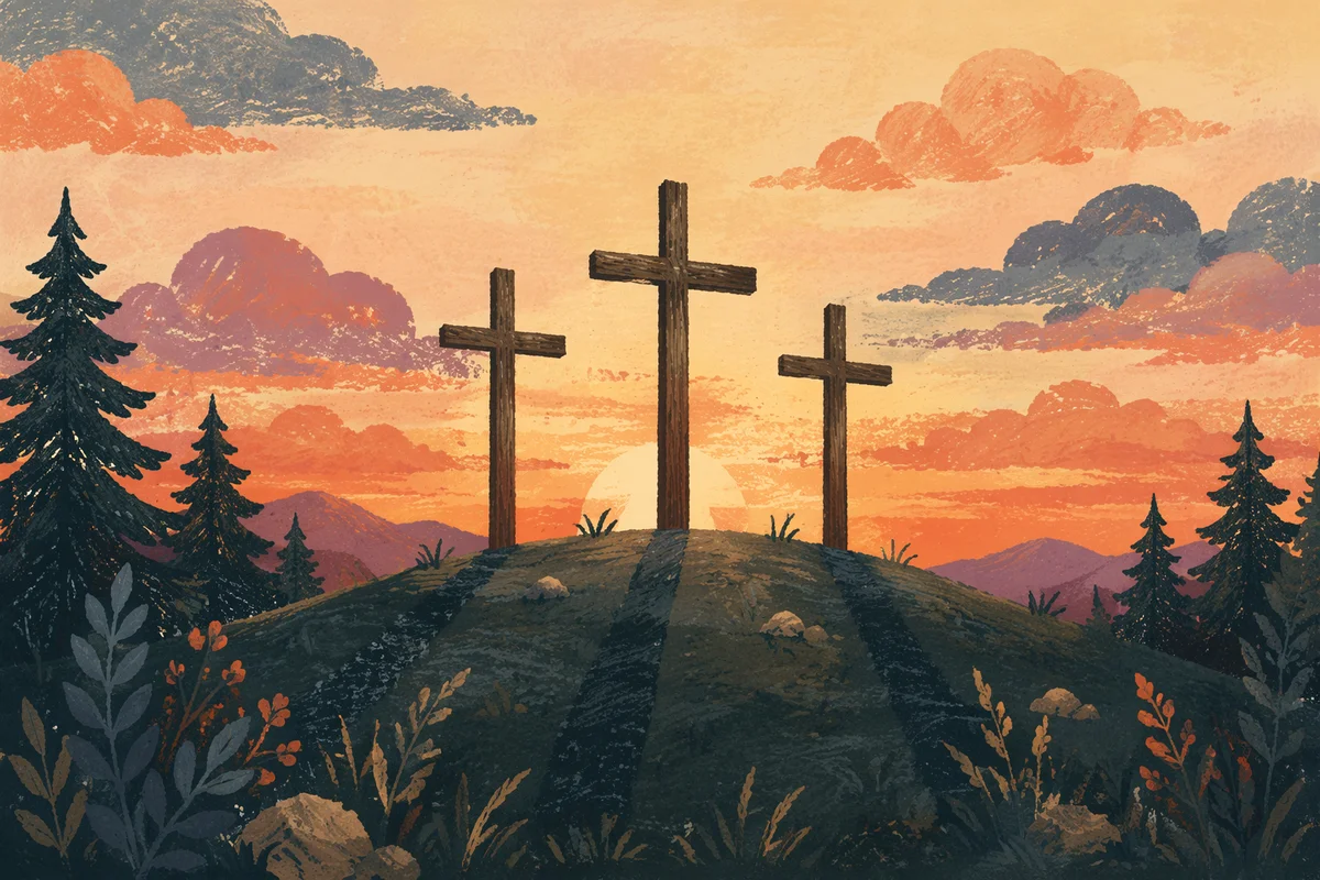 Three Crosses on Evergreen Hill at Sunset