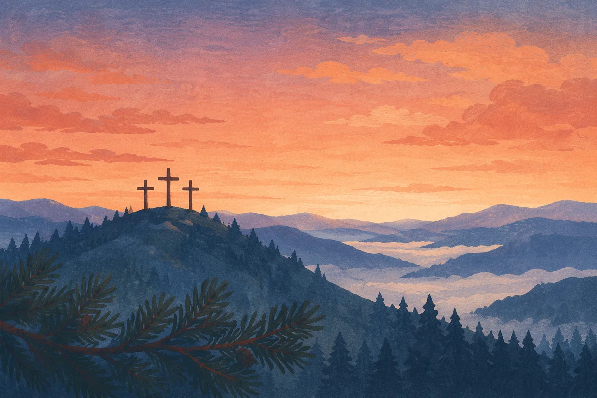 Three Crosses on Evergreen Hill at Sunset