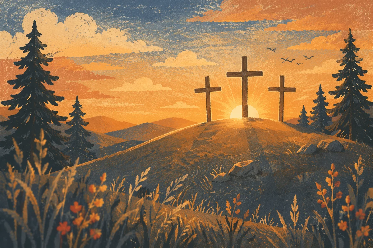 Three Wooden Crosses at Evergreen Sunset