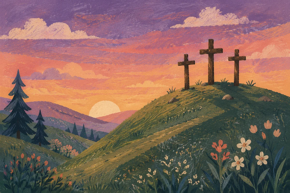 Three Crosses on Sunset Evergreen Hill