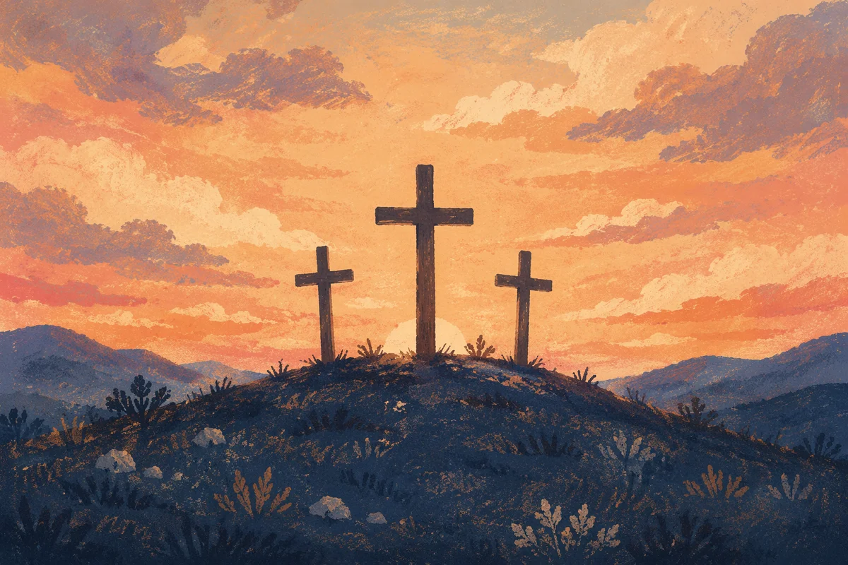 Three Crosses on Evergreen Hill at Sunset