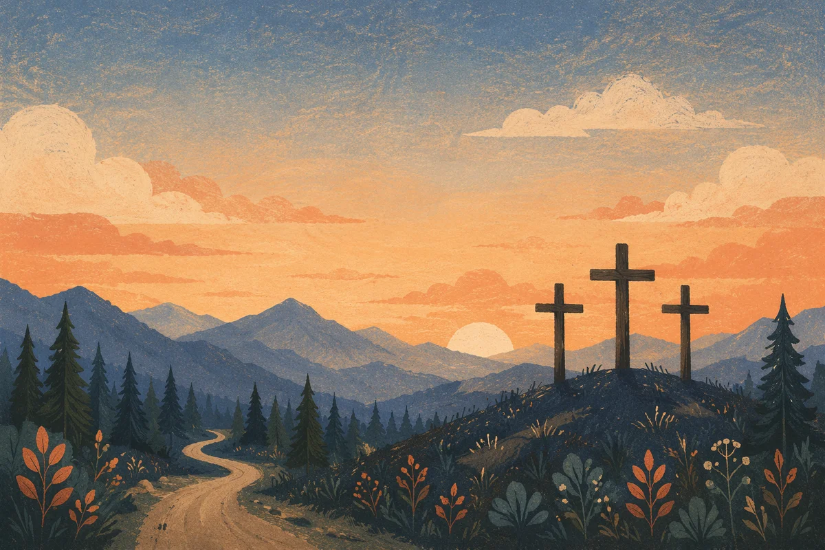 Three Crosses at Evergreen Sunset