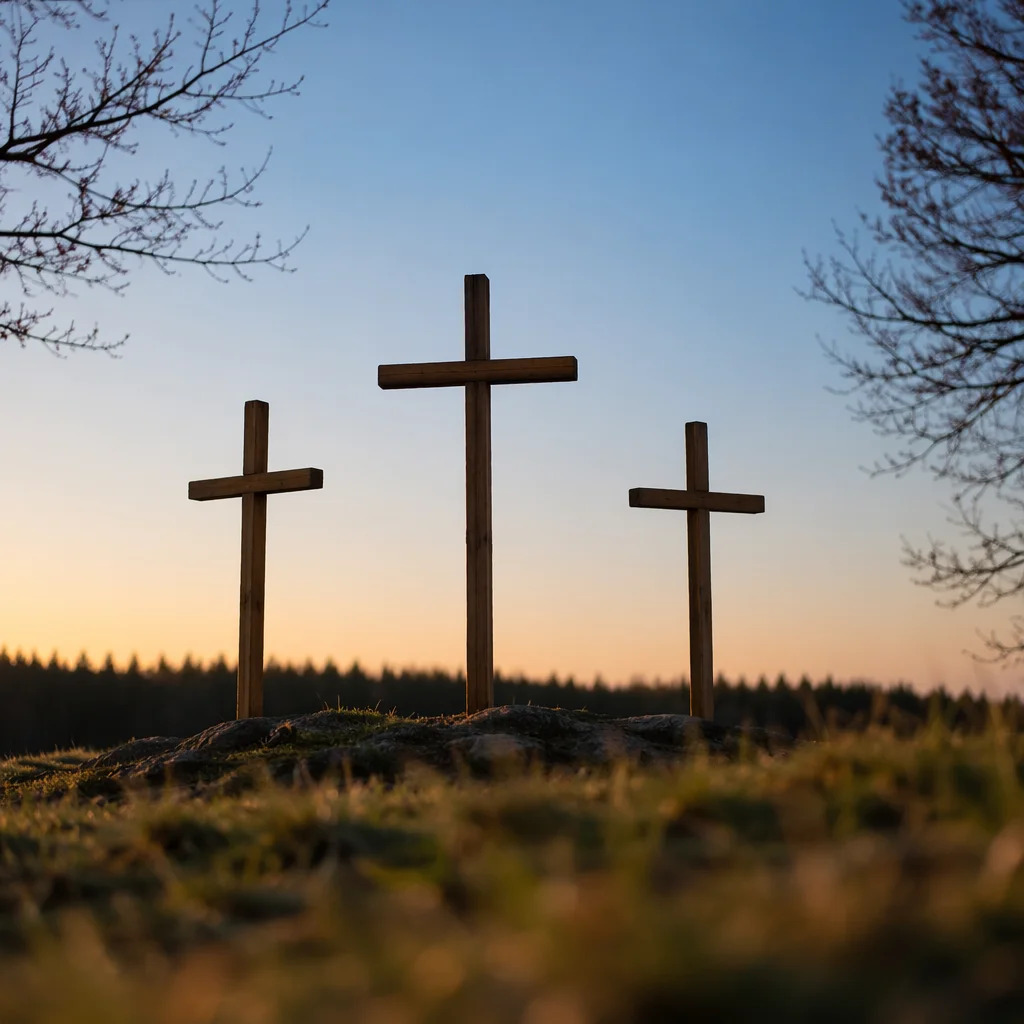 Three Wooden Crosses on Sunset Hill