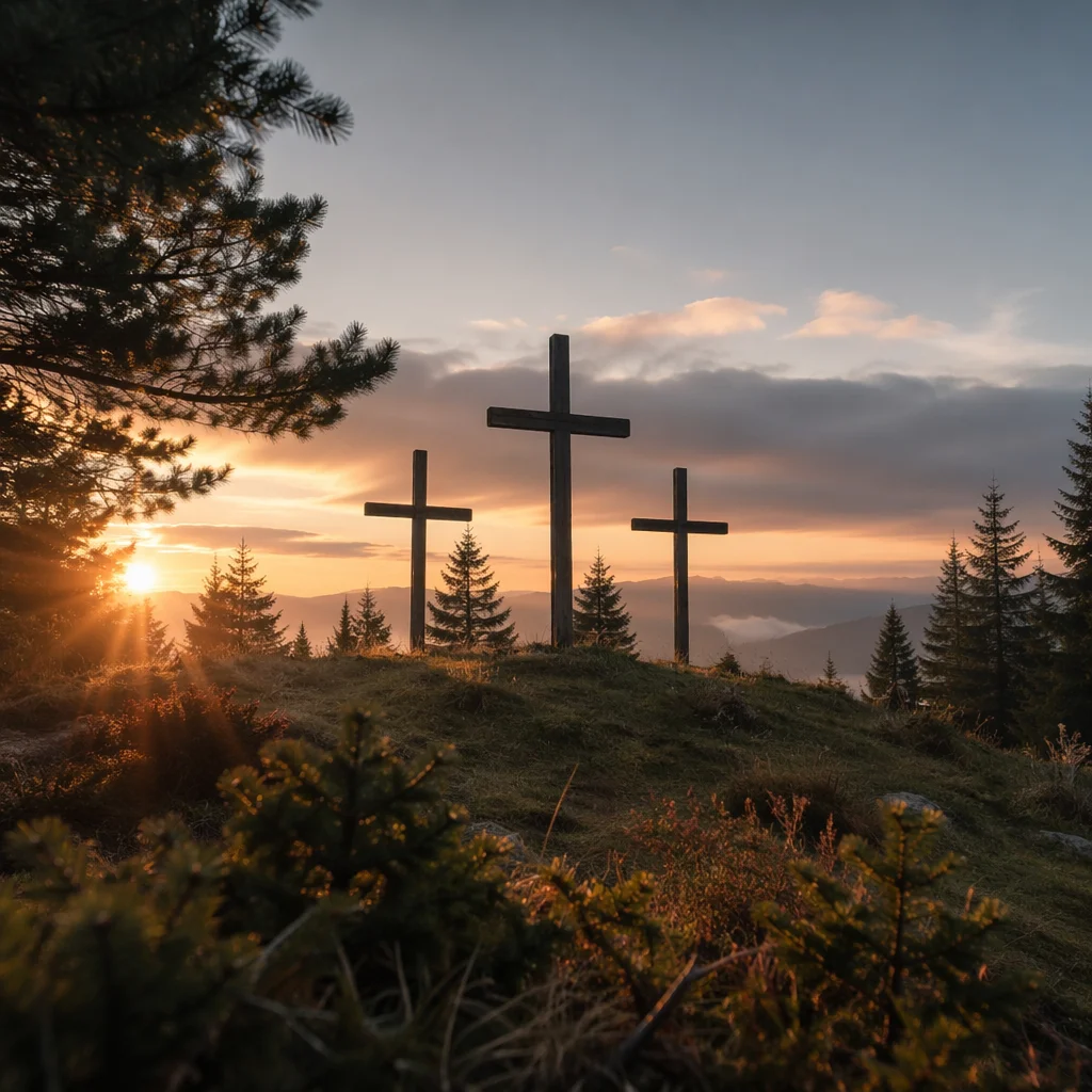 Three Crosses at Evergreen Sunset