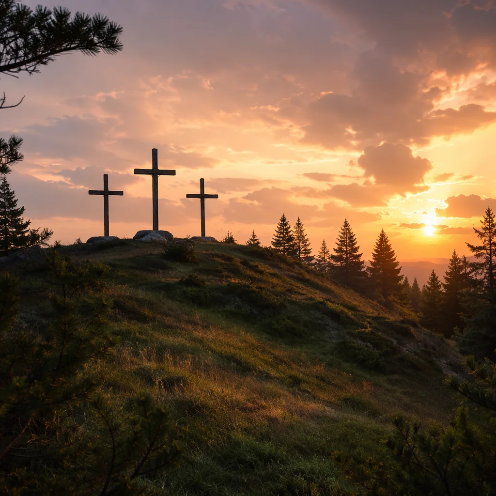 Three Crosses at Evergreen Sunset