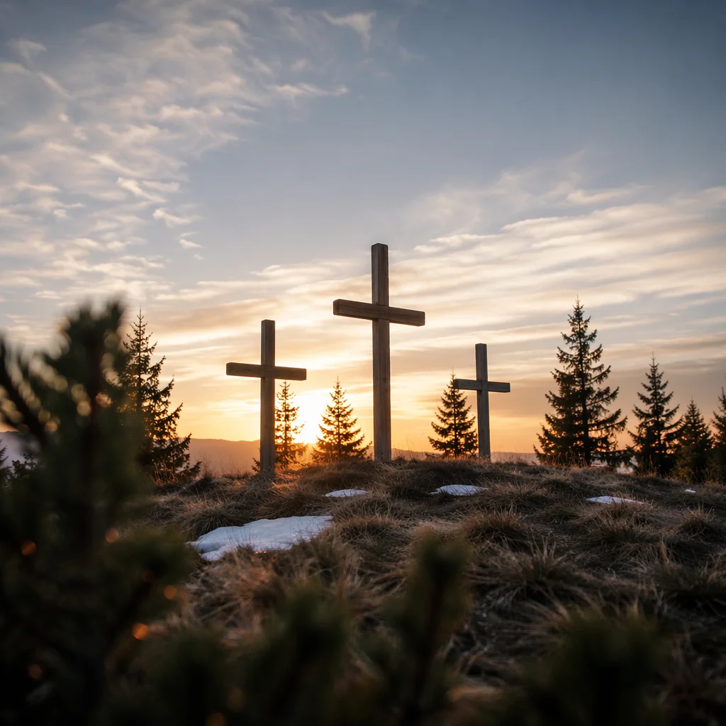 Three Crosses at Evergreen Sunset
