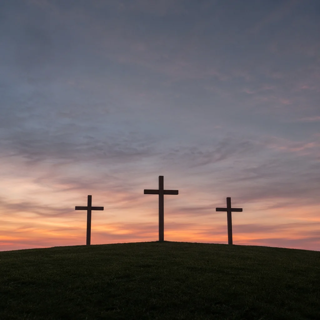 Three Wooden Crosses at Twilight Sunset