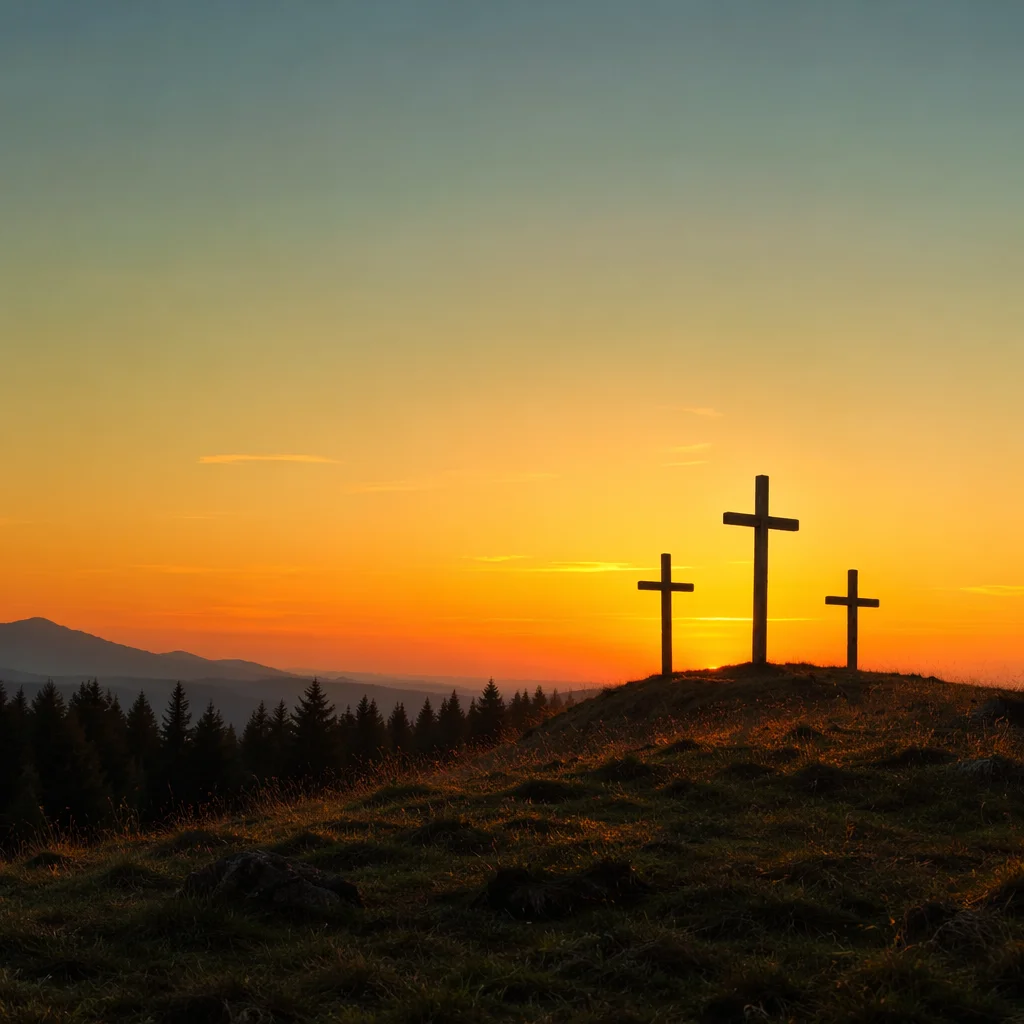Three Crosses on Sunset Evergreen Hill