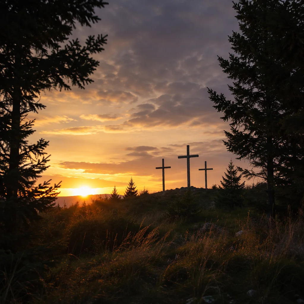 Three Crosses on Evergreen Hill at Sunset