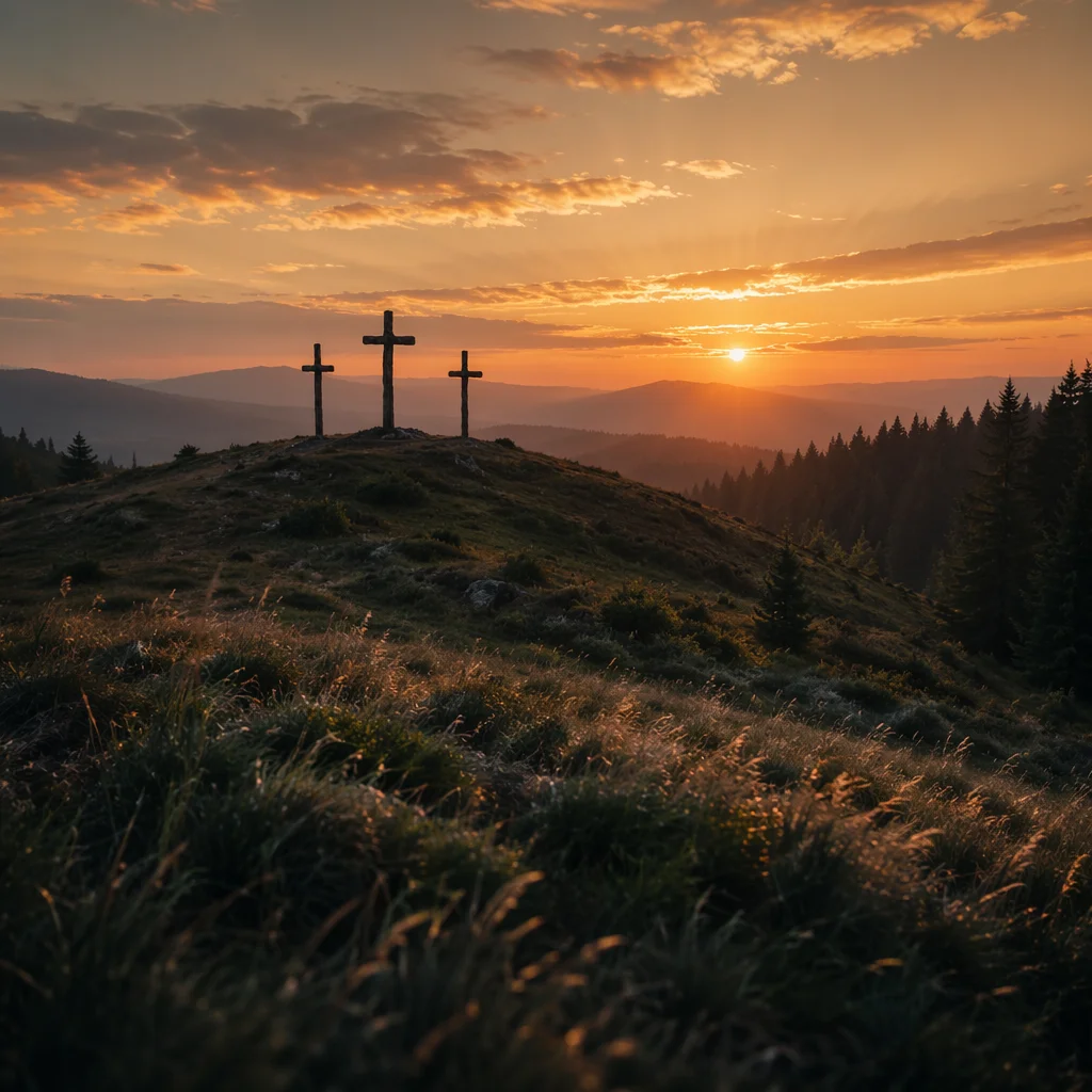 Three Crosses on Hill at Sunset