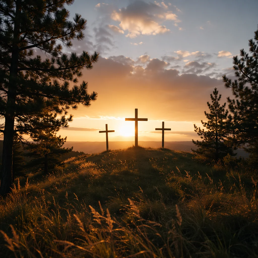 Three Crosses at Evergreen Sunset