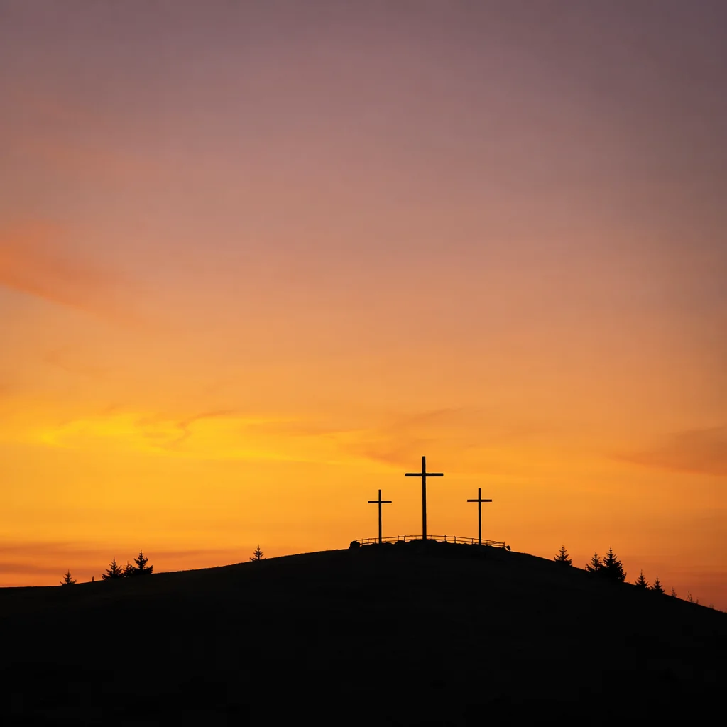 Three Crosses on Hill at Sunset