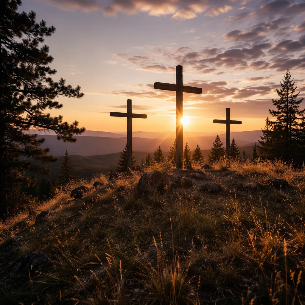 Three Crosses on Evergreen Hill at Sunset