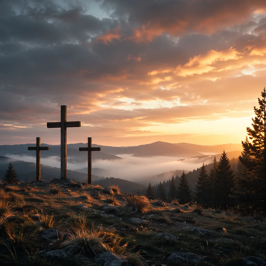 Three Wooden Crosses at Evergreen Sunset