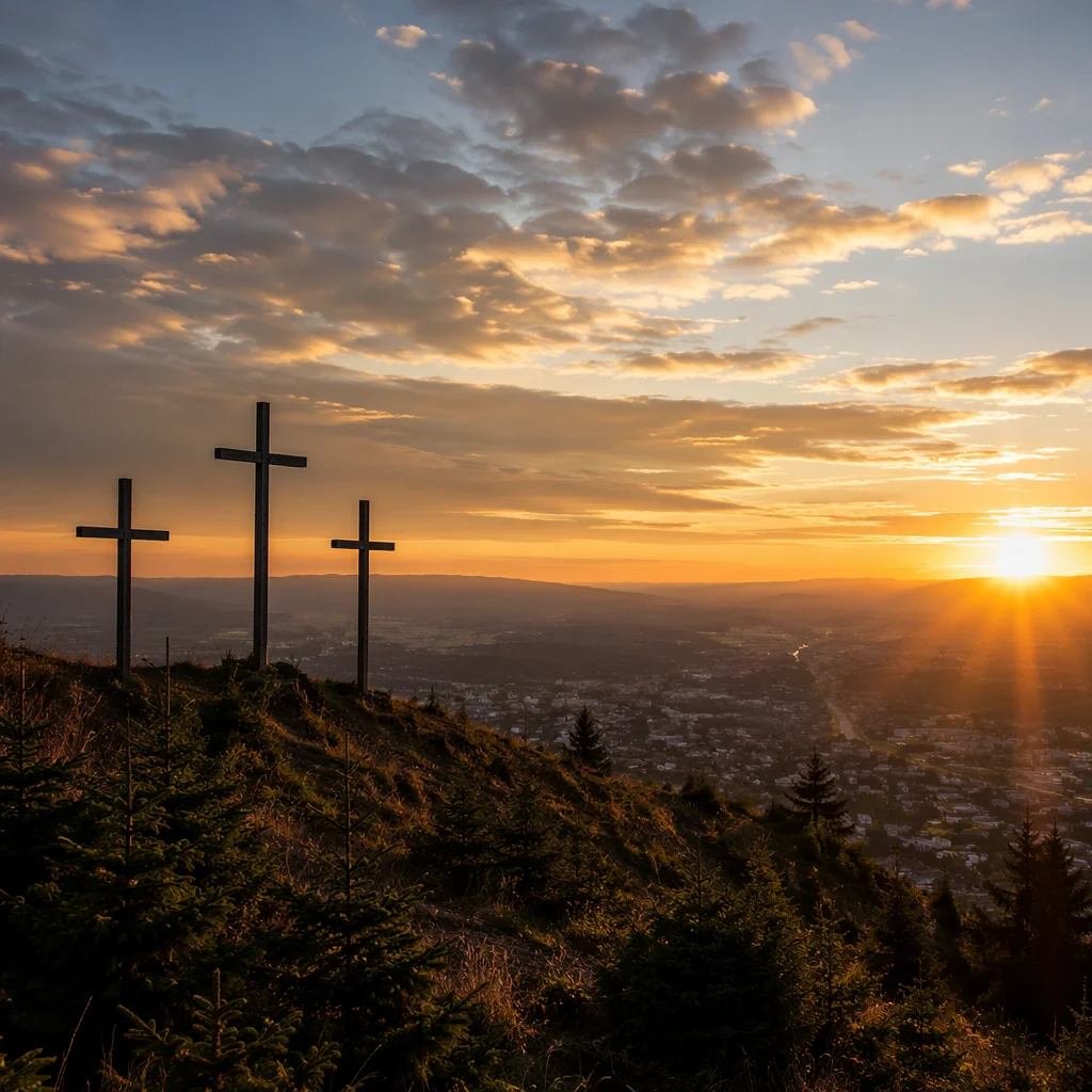 Three Crosses on Evergreen Hill at Sunset