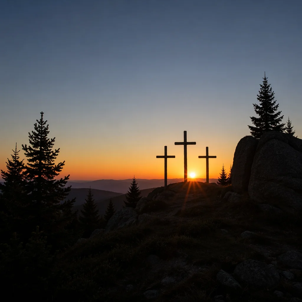 Three Crosses at Evergreen Sunset