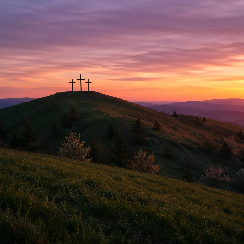 Three Crosses on Sunset Evergreen Hill