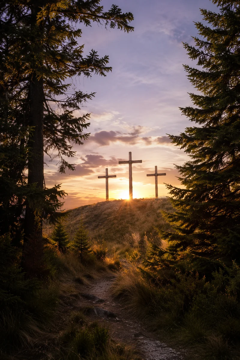 Three Wooden Crosses at Evergreen Sunset