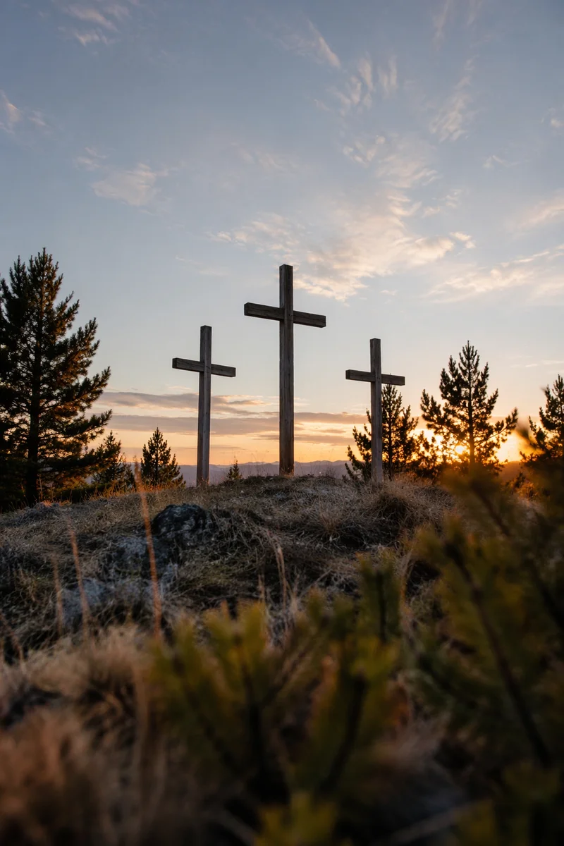 Three Wooden Crosses at Evergreen Sunset