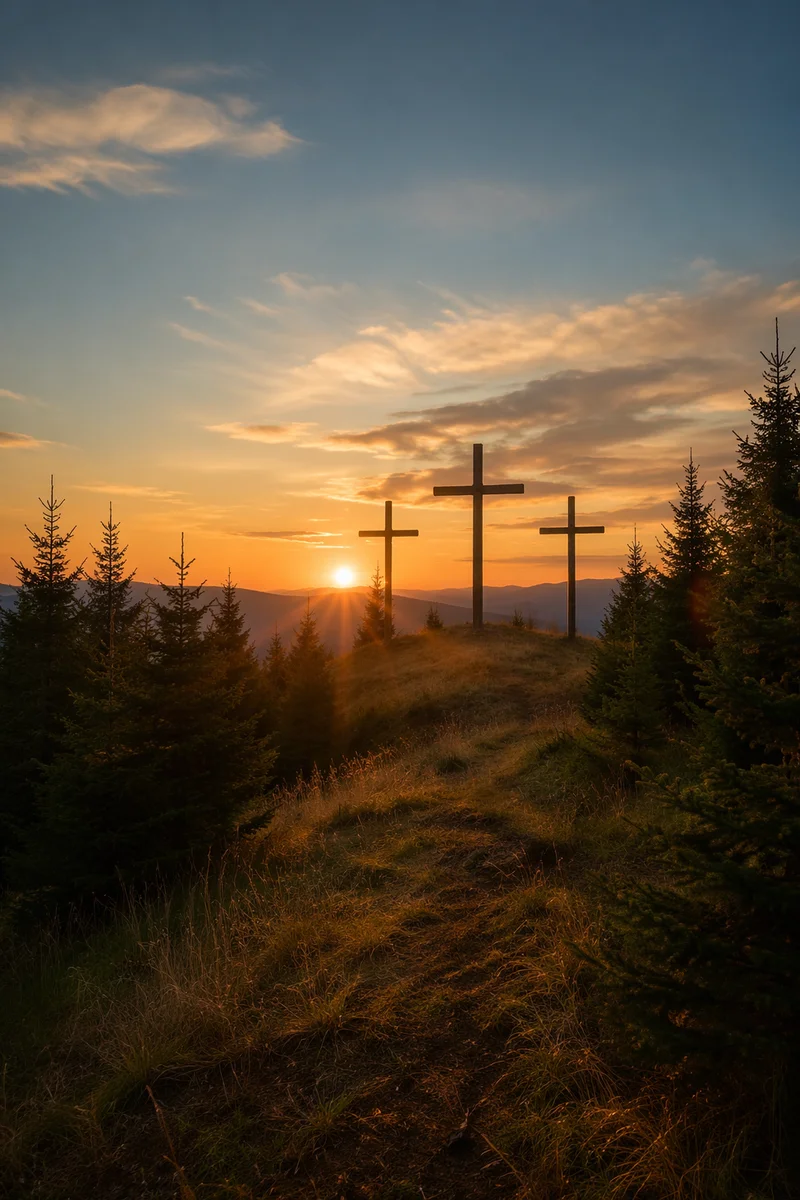Three Wooden Crosses at Evergreen Sunset
